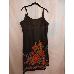 Reitman Brown WithRed Pink Orange Roses Flowers Strap Dress Sz‎ 15 Lined
